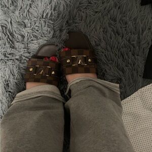 Louis Vuitton - Brown Checkered Slide Sandals